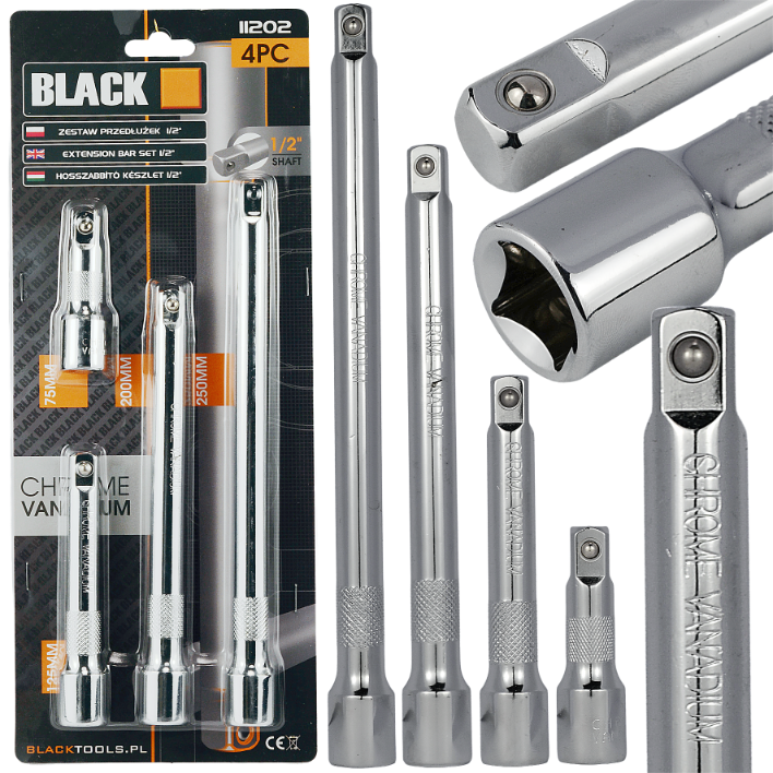 Blacktools 1/2″ padrunvõtme pikenduste komplekt, 4 tk, CRV, must, 250/200/125/75 mm 11202