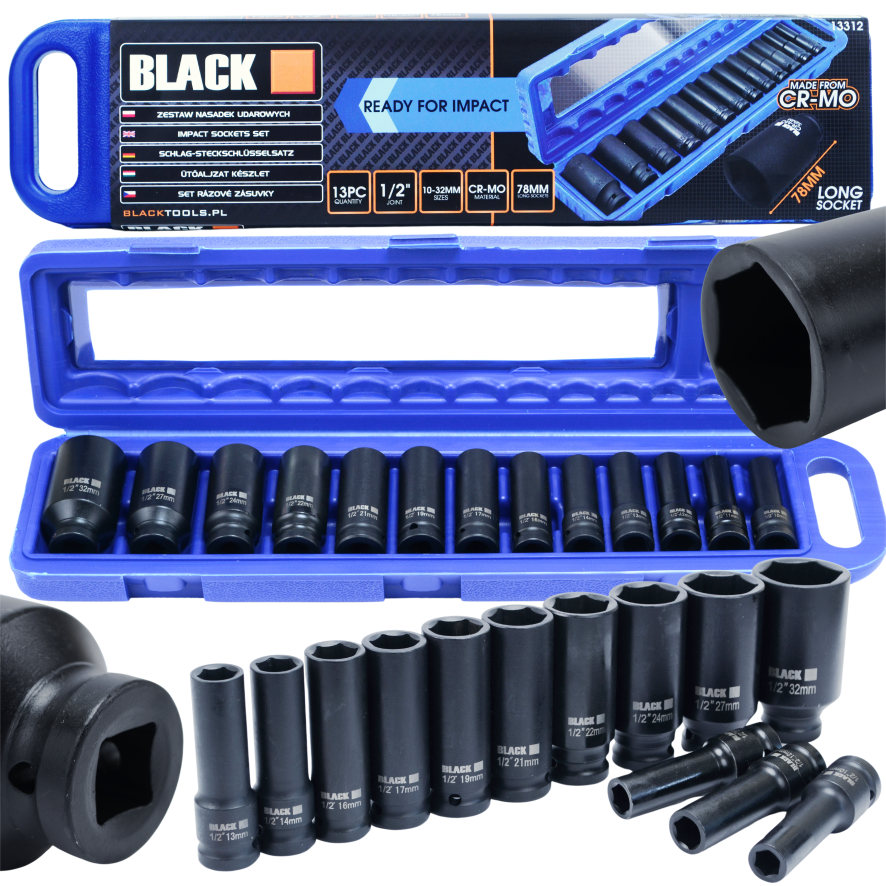 Löök-kuuskantpadrunite komplekt 1/2″, 10–32 mm, 13 tk kohvris 13312