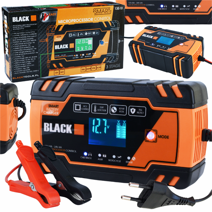BLACK automaatne 12 V ja 24 V akulaadija taastamisfunktsiooniga 13510
