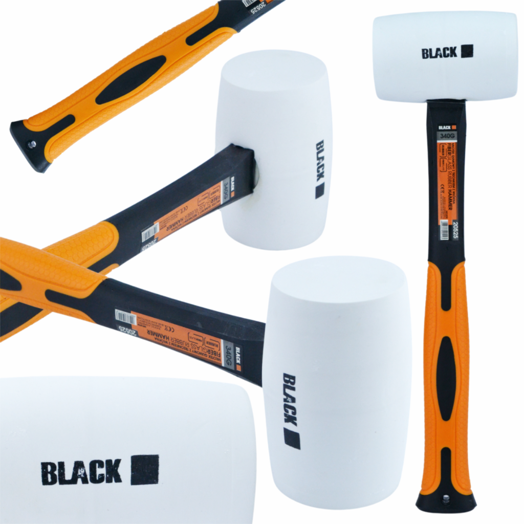 Professional 340g Rubber Mallet with Fiberglass Handle, White Rubber Head, Black BranD