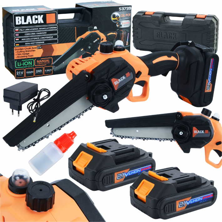 BLACKTOOLS juhtmeta kettsaag 150 mm 21 V 2 Ah kahe aku ja käsitsi ketimäärimisega 53739