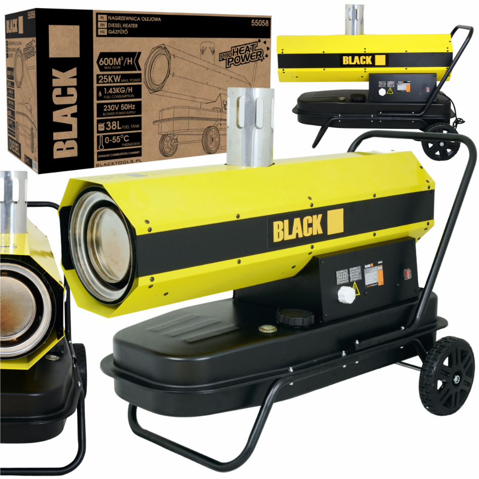 Black Tools 25 kW õlikütteseade korstna ja LCD-termostaadiga 55058