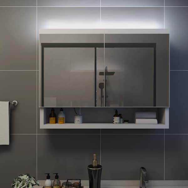 LEDidega vannitoa peegelkapp, valge, 80 × 15 × 60 cm, MDF