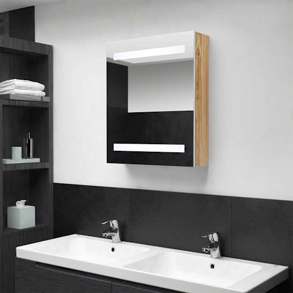 LED vannitoa peegelkapp, valge ja tamm, 50 × 14 × 60 cm