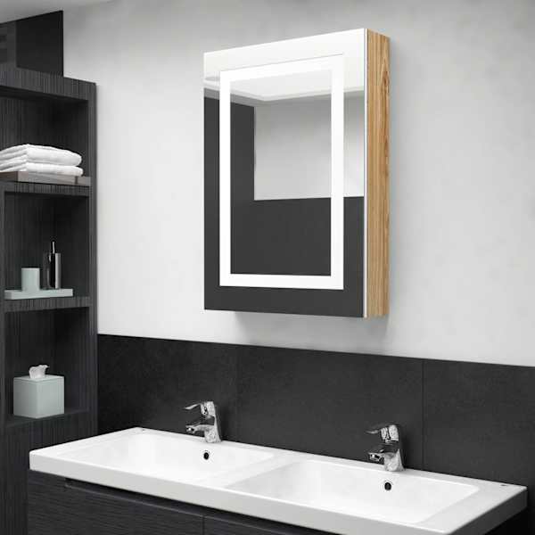 LED vannitoa peegelkapp, valge ja tamm, 50 × 13 × 70 cm