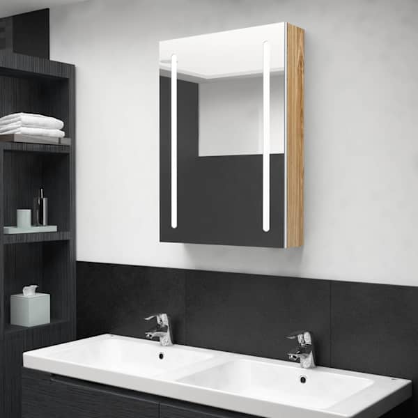 LED vannitoa peegelkapp, valge ja tamm, 50 × 13 × 70 cm