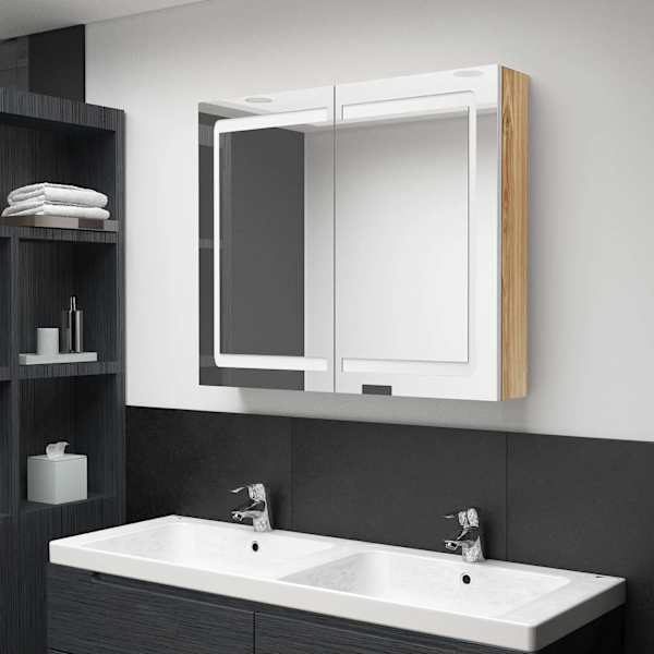 Vannitoa peeglikapp valge ja tamm 80 × 12 × 68 cm Tehispuit