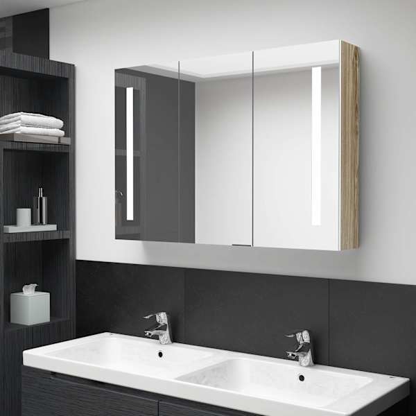 LED vannitoa peegelkapp, 89 × 14 × 62 cm, valge ja tamm