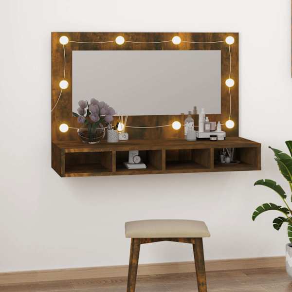 Peegelkapp suitsutatud tamm LEDiga 90 × 31,5 × 62 cm