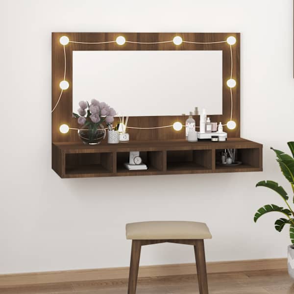 Peegelkapp pruun tamm LEDiga 90 × 31,5 × 62 cm
