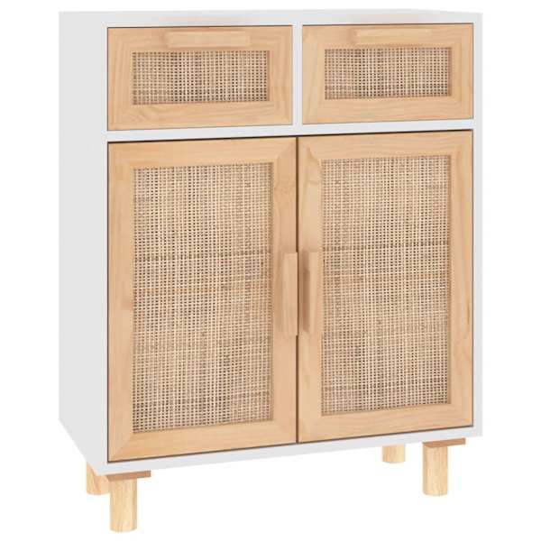 Puhvetkapp valge 60 × 30 × 75 cm, mänd ja naturaalne rotang