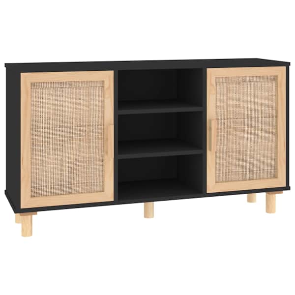 Puhvetkapp, must, 105 × 30 × 60 cm, mänd ja naturaalne rotang