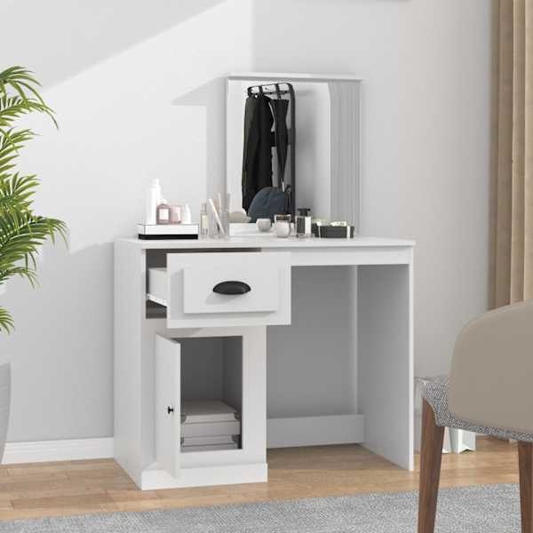 Peegliga tualettlaud, valge, 90 × 50 × 132,5 cm, tehispuit