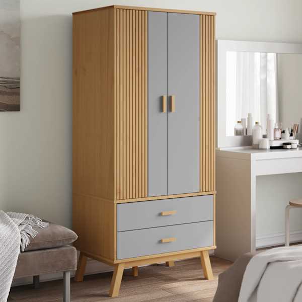 Riidekapp "OLDEN", hall ja pruun, 76,5 × 53 × 172 cm, männipuit