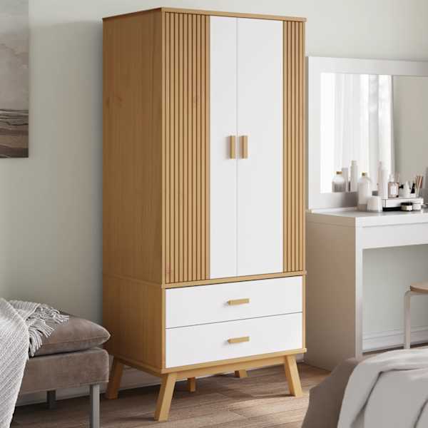 Riidekapp "OLDEN", valge ja pruun, 76,5 × 53 × 172 cm, männipuit