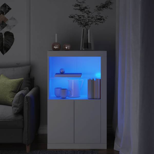 Külgkapp LED-valgustusega, valge, tehispuit