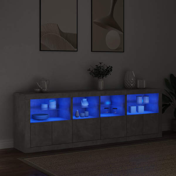 Puhvetkapp LED-tulega, betoonhall, 202 × 37 × 67 cm