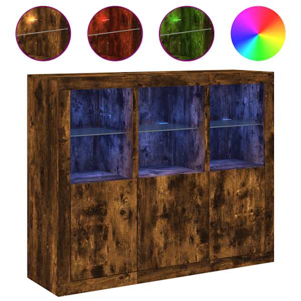 Puhvetkapid LED-tuledega 3 tk, suitsutatud tamm, tehispuit