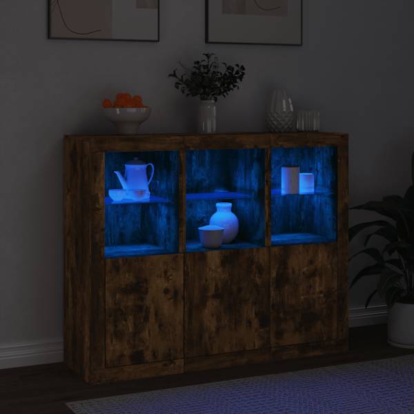 Puhvetkapid LED-tuledega 3 tk, suitsutatud tamm, tehispuit