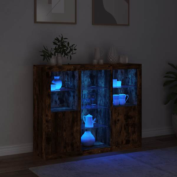 Puhvetkapid LED-tuledega 3 tk, suitsutatud tamm, tehispuit