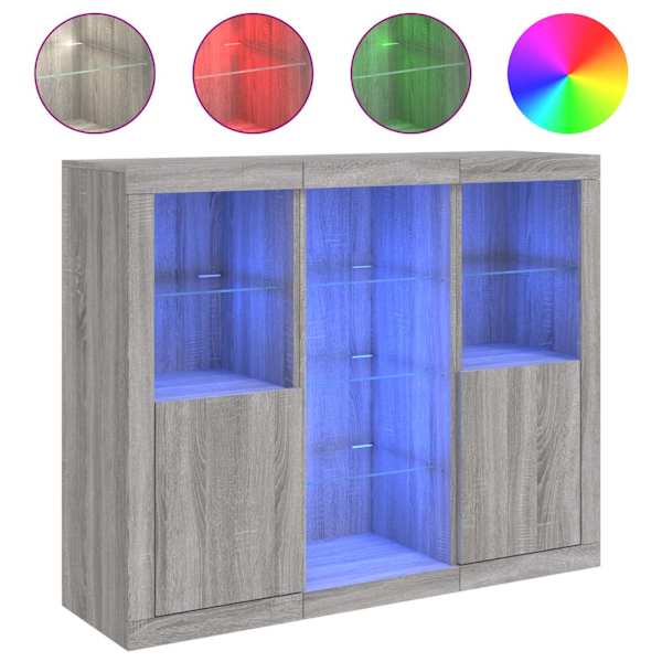 Puhvetkapid LED-tuledega 3 tk, hall Sonoma tamm, tehispuit