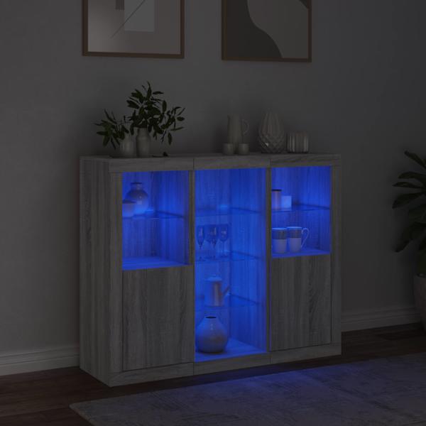 Puhvetkapid LED-tuledega 3 tk, hall Sonoma tamm, tehispuit