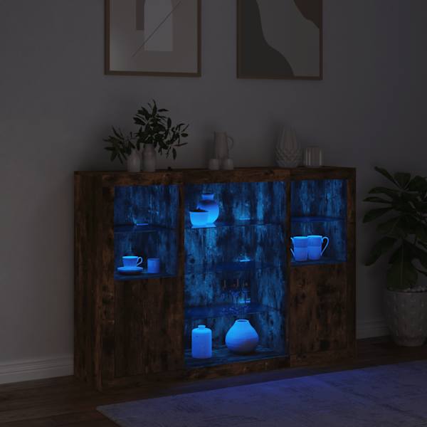 Puhvetkapid LED-tuledega 3 tk, suitsutatud tamm, tehispuit