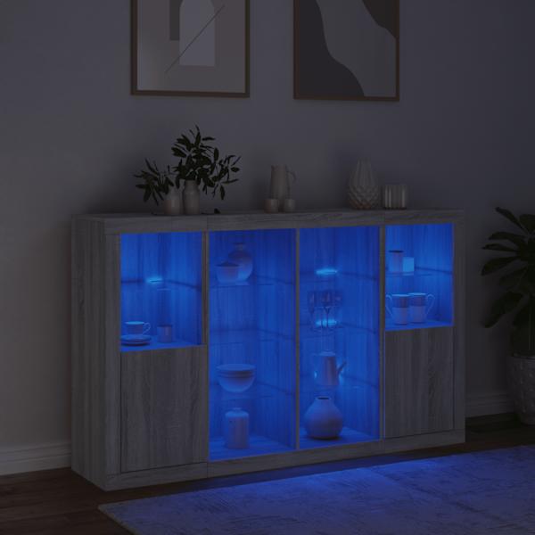Puhvetkapid LED-tuledega 3 tk, hall Sonoma tamm, tehispuit