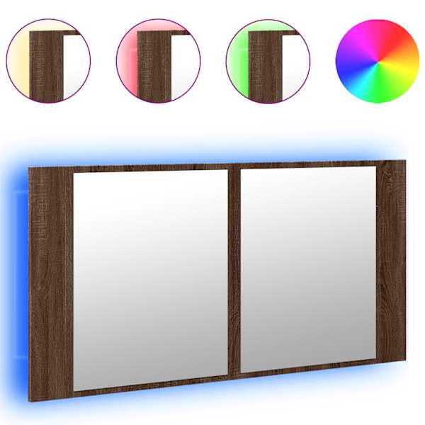 Vannitoa LED-peegelkapp, pruun tamm, 90 × 12 × 45 cm, akrüül