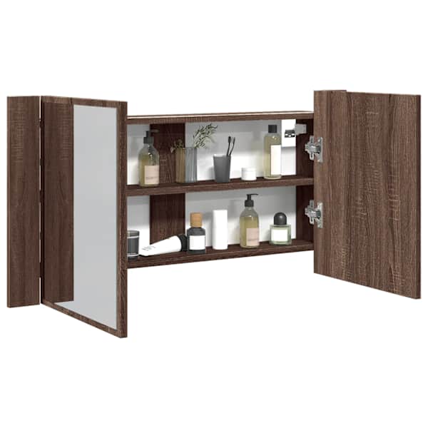 Vannitoa LED-peegelkapp, pruun tamm, 90 × 12 × 45 cm, akrüül
