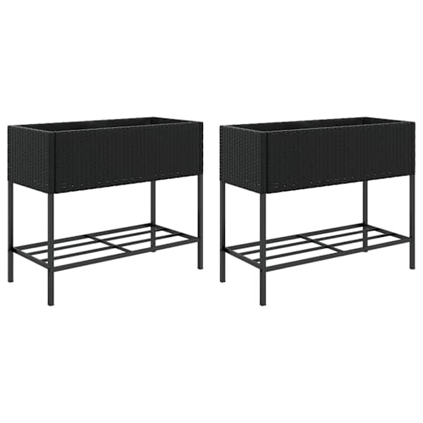 Taimekast riiuliga 90 × 40 × 75 cm, pulbervärvitud teras, PE-rotang – must – 2 tk