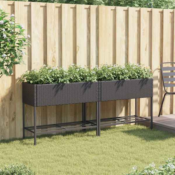 Taimekast riiuliga 90 × 40 × 75 cm, pulbervärvitud teras, PE-rotang – must – 2 tk