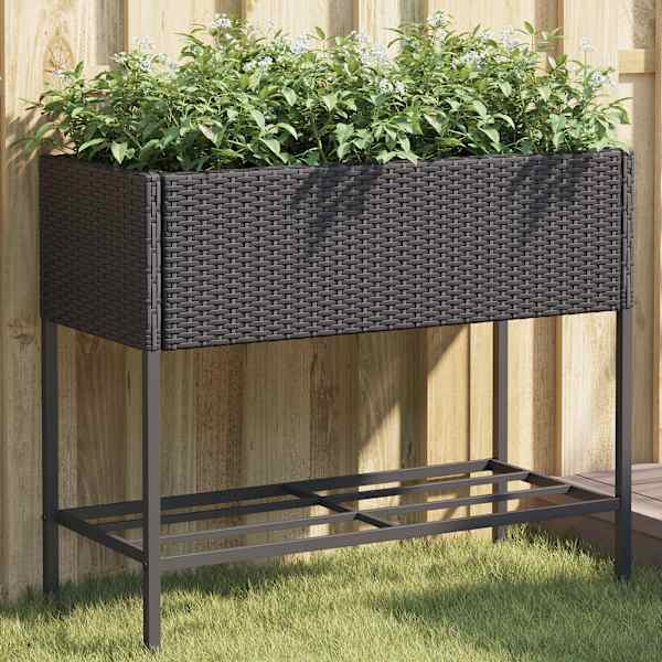 Taimekast riiuliga 90 × 40 × 75 cm, pulbervärvitud teras, PE-rotang – must – 2 tk