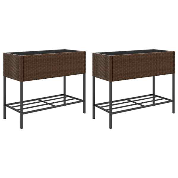 Taimekast riiuliga 90 × 40 × 75 cm, pulbervärvitud teras, PE-rotang – pruun – 2 tk