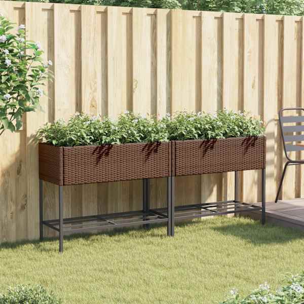 Taimekast riiuliga 90 × 40 × 75 cm, pulbervärvitud teras, PE-rotang – pruun – 2 tk