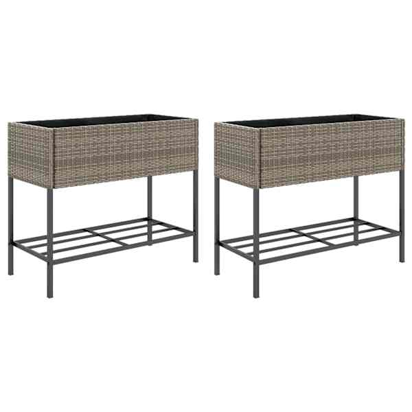 Taimekast riiuliga 90 × 40 × 75 cm, pulbervärvitud teras, PE-rotang – hall – 2 tk