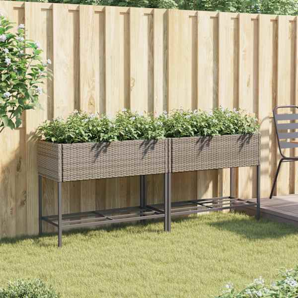 Taimekast riiuliga 90 × 40 × 75 cm, pulbervärvitud teras, PE-rotang – hall – 2 tk