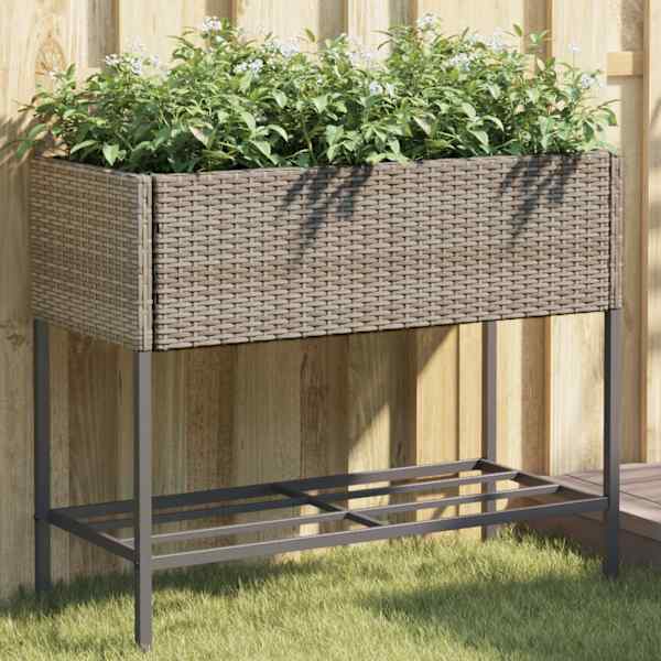 Taimekast riiuliga 90 × 40 × 75 cm, pulbervärvitud teras, PE-rotang – hall – 2 tk