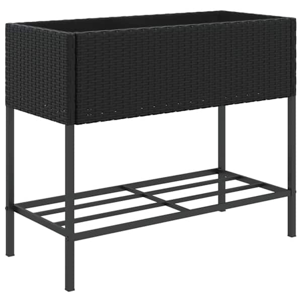 Taimekast riiuliga 90 × 40 × 75 cm, pulbervärvitud teras, PE-rotang – must