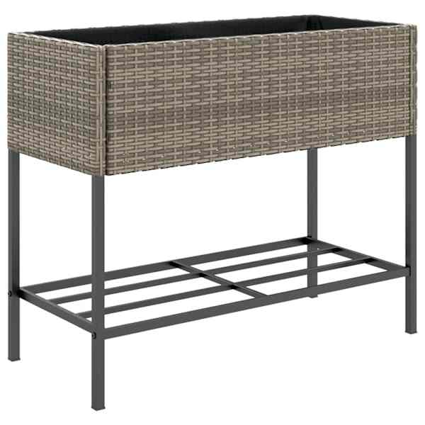 Taimekast riiuliga 90 × 40 × 75 cm, pulbervärvitud teras, PE-rotang – hall
