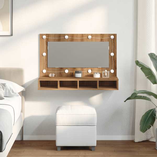 Peegelkapp LED-valgustusega, käsitöötammepuidust, 90 × 31,5 × 62 cm
