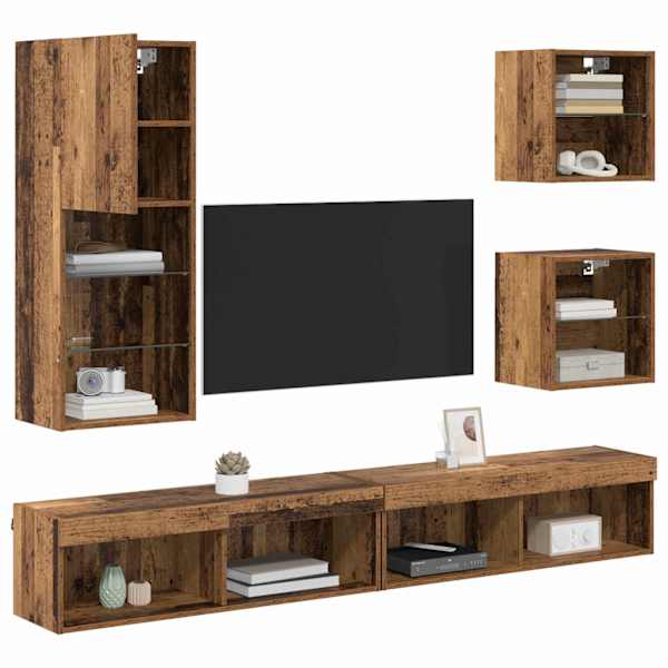 TV seinakapid koos LED-iga 5 tk Vana puit 100 × 30 × 30 cm