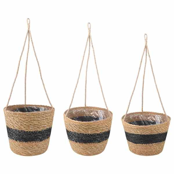 Rippuv lillepott 26 × 19 cm, 100% mererohi – naturaalne ja must – 3 tk