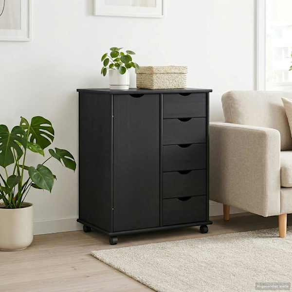Rattaga kapp 63,5 × 39 × 79 cm Kindel männipuidust Must