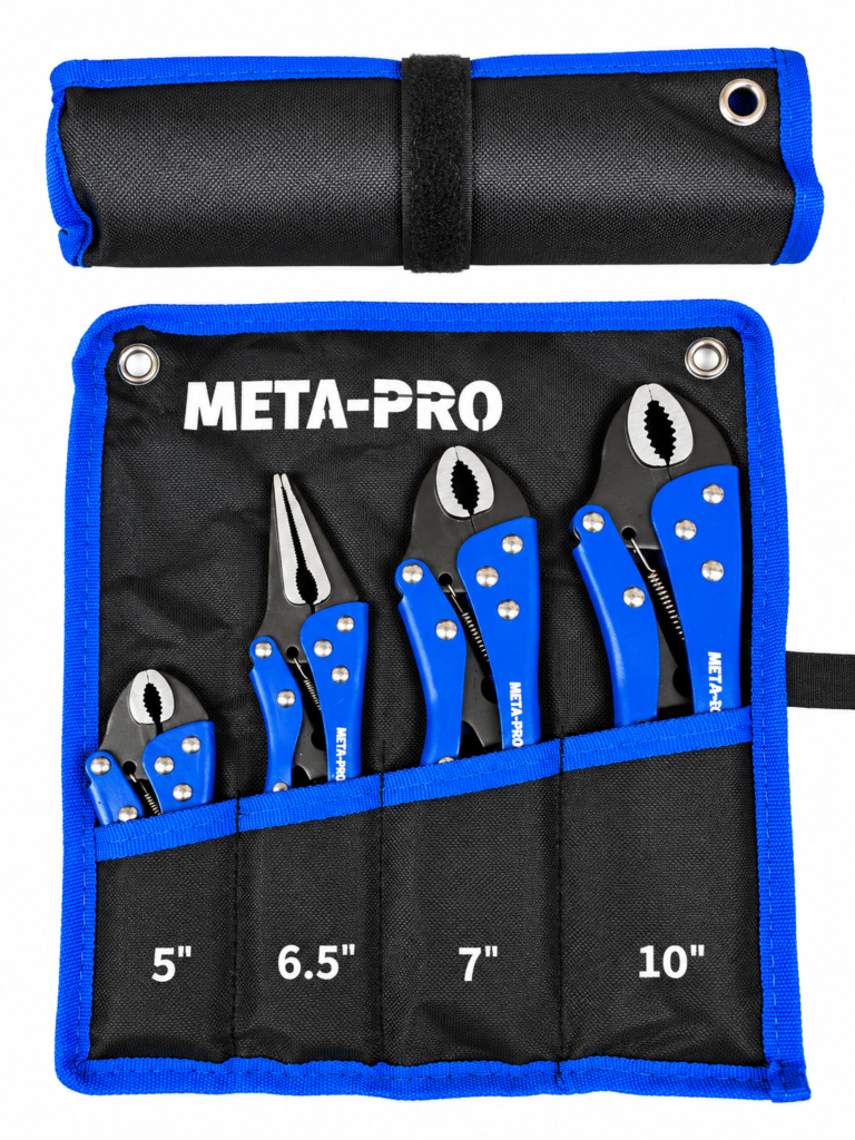 META-PRO 4-osaline lukustustangide komplekt 5″ 6.5″ 7″ 10″ – haardetangid tööriistarulliga