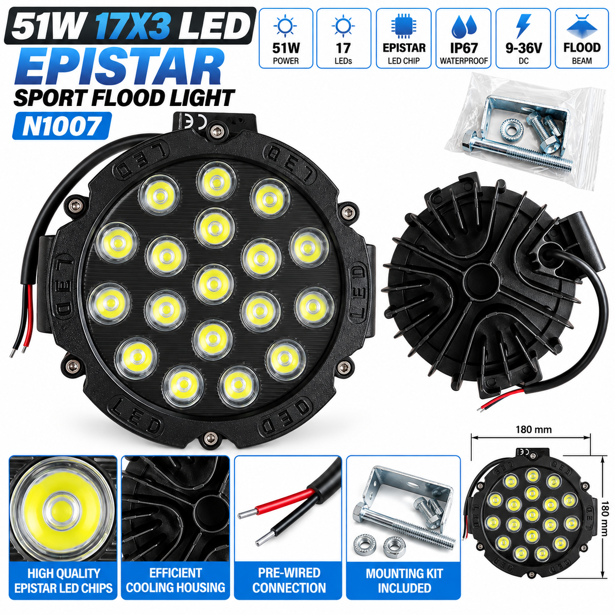 51W 17×3W EPISTAR LED spordi prožektor N1007 – ümmargune töövalgusti