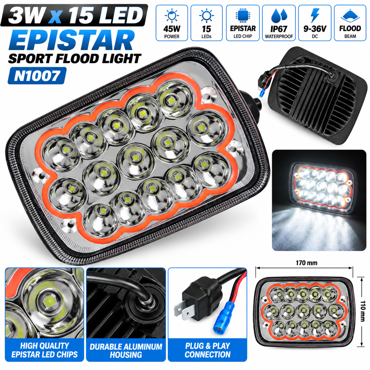 N1023 7SPORT LED Sport Flood Light 45W – 15×3W LED Work Lamp