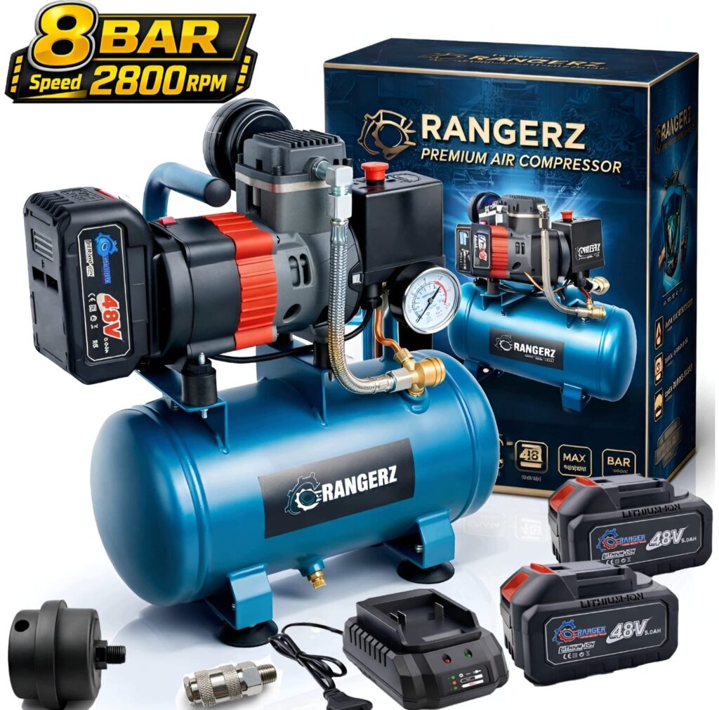 RANGERZ juhtmeta õlivaba õhukompressor 6L | harjadeta mootor | 8 Bar | 2 × 48V 5.0Ah akut