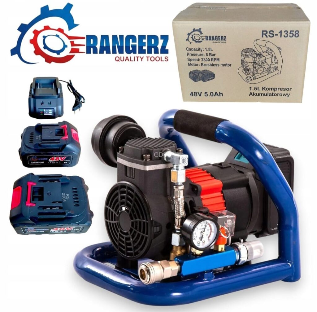 RANGERZ juhtmevaba õlivaba õhukompressor 1,5 l 48 V 8 bar kahe 5,0 Ah akuga RS-1358