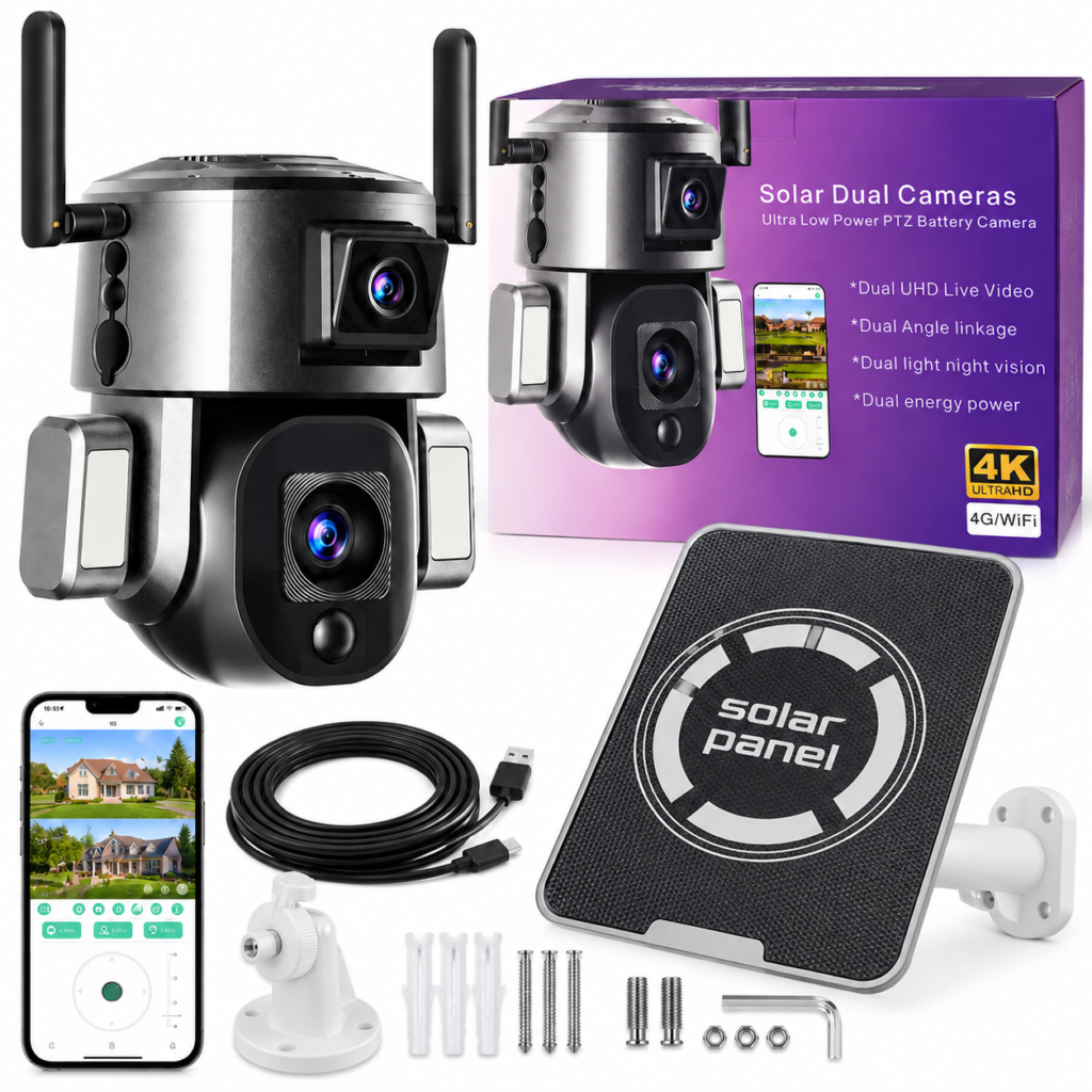 Päikese- ja akutoitega kahe kaameraga 4K UHD 4G/WiFi PTZ turvakaamera SY1238